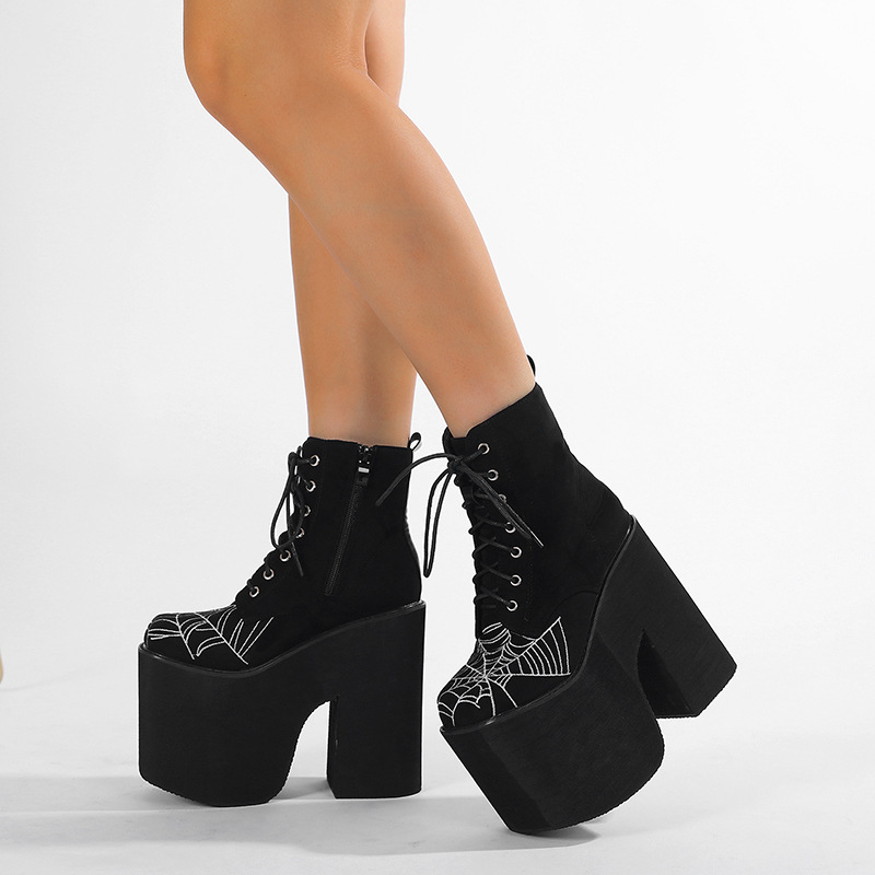 Women's Gothic-style Ultra-high-heeled Dr Martens Boots With Thick Soles And Spiderweb Design