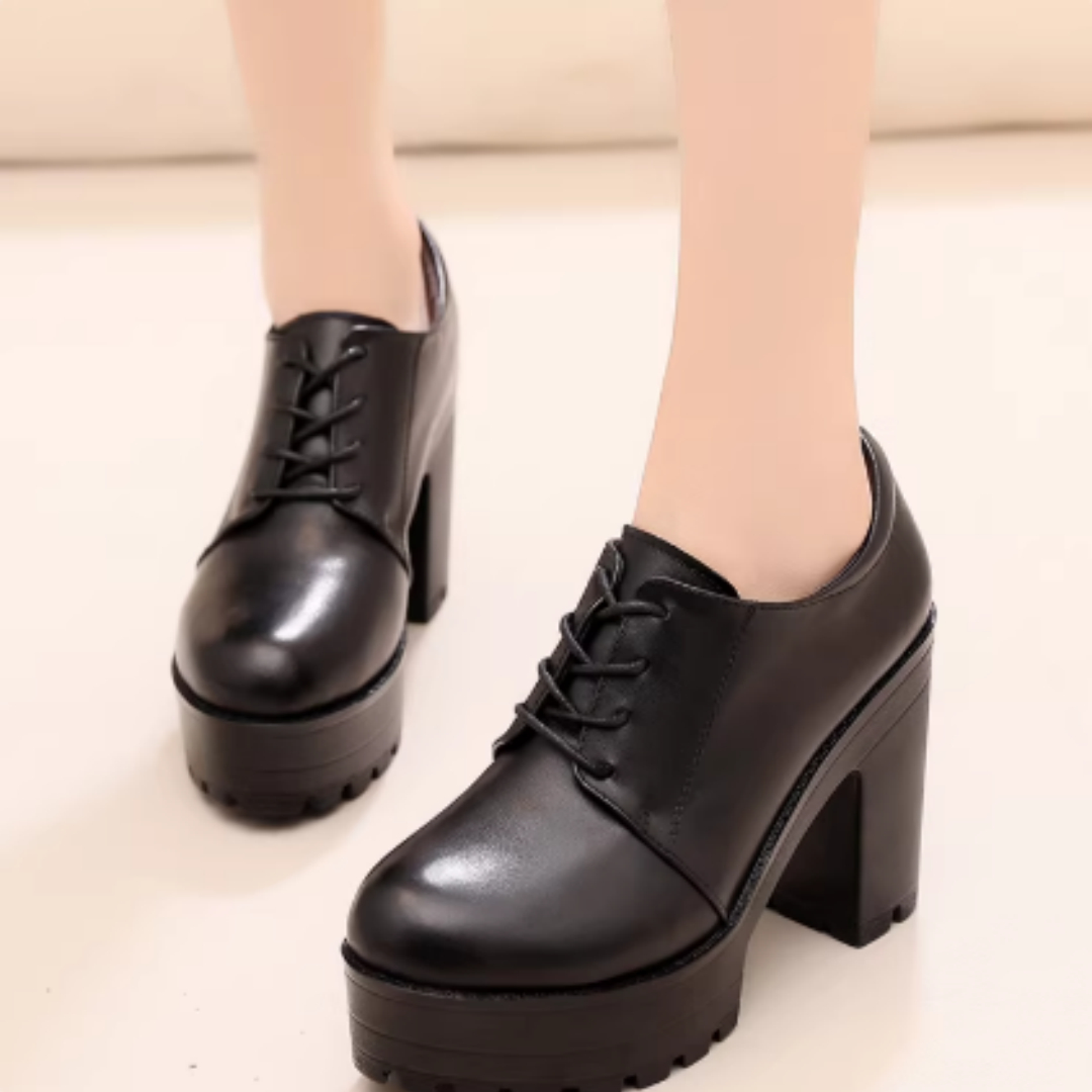 Genuine Leather Platform Round Toe Deep-cut Single Shoes For Autumn And Winter With Laces