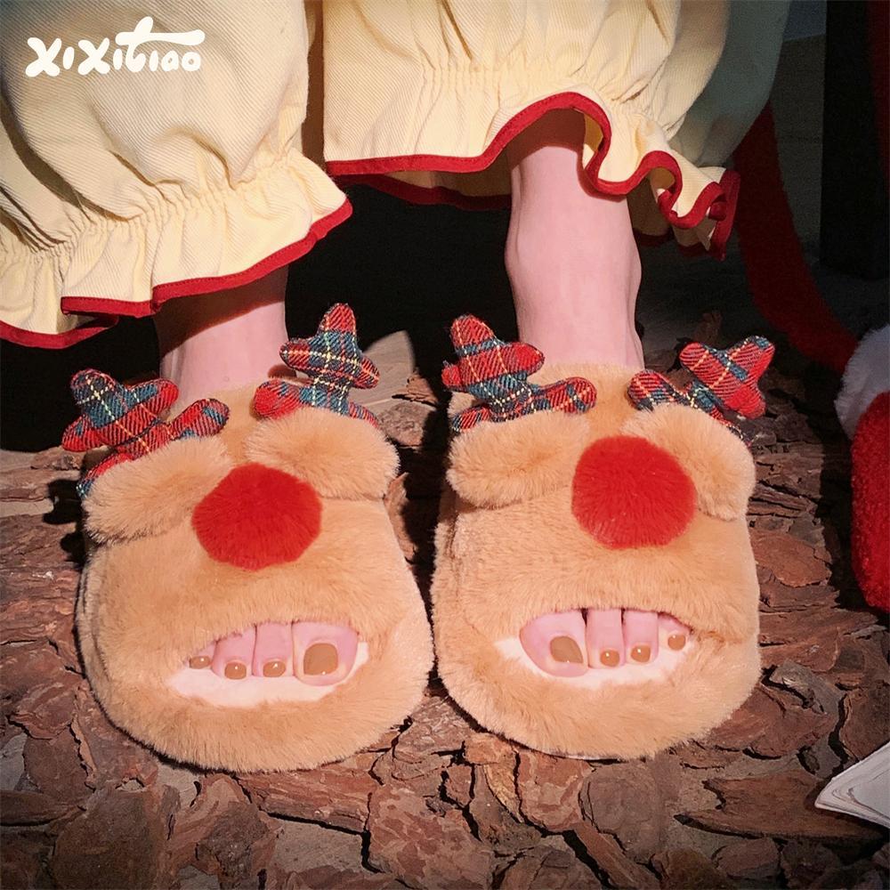 Indoor Cute One-word Cotton Slippers Autumn Women's Cartoon Fluffy Slippers foto 4