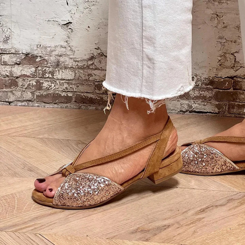 Brown Suede Glitter Embroidered Peep Toe Sandals foto 3