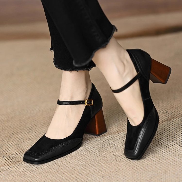 Patchwork Chunky Heel Buckle French Style Square Toe High Heel foto 3