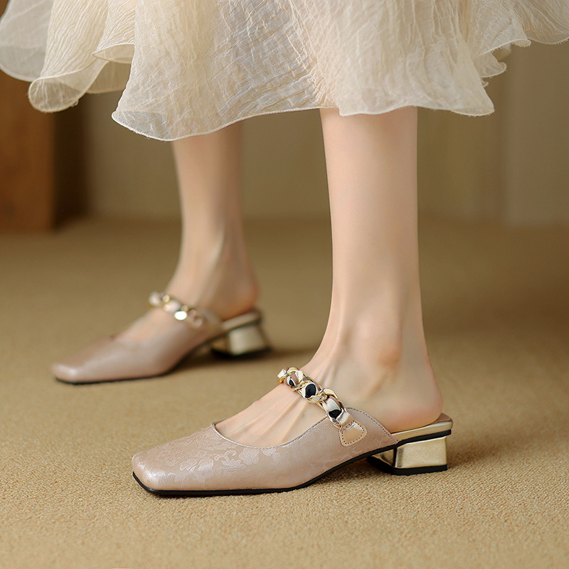 Low Heel Square Head 32-43 National Style Metal Chain Outdoor Slippers foto 2