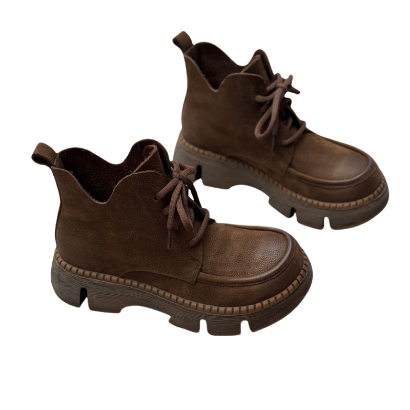 Platform Round Toe Lace-up Casual Cowhide Women's Boots foto 2