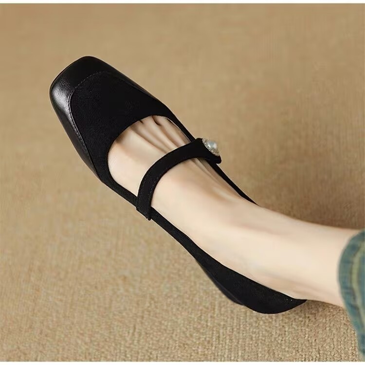 Women's Chunky Heel Suede Flat Low-cut Shoes foto 4