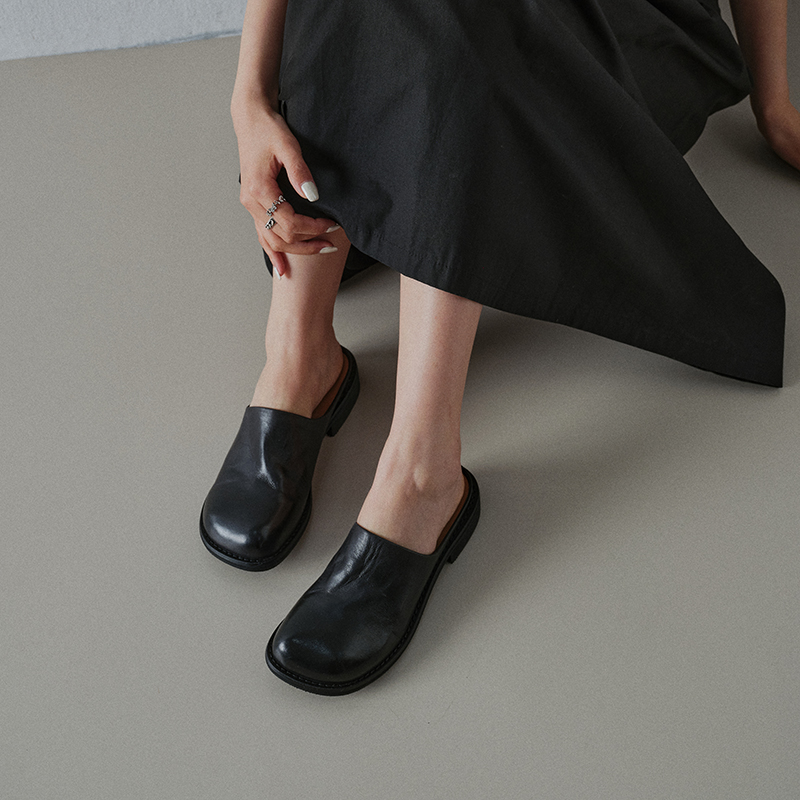 Women's Washed Full Grain Leather Mule Slides, Retro Round Toe Backless Closed-Toe Shoes foto 5
