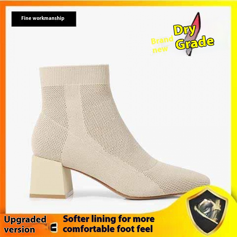 All-match Stretch Knitted High Heel Solid Color Chunky Heel Square Toe Booties Women foto 2