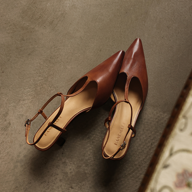 Women's Handmade Washed Full-Grain Lambskin T-Strap Slingback Heels, Vintage Pointed Toe Kitten Heel Sandals foto 5
