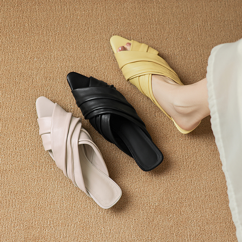 Women's Ruched Lambskin Slide Sandals, Square Toe Handmade Leather Flat Mules foto 3