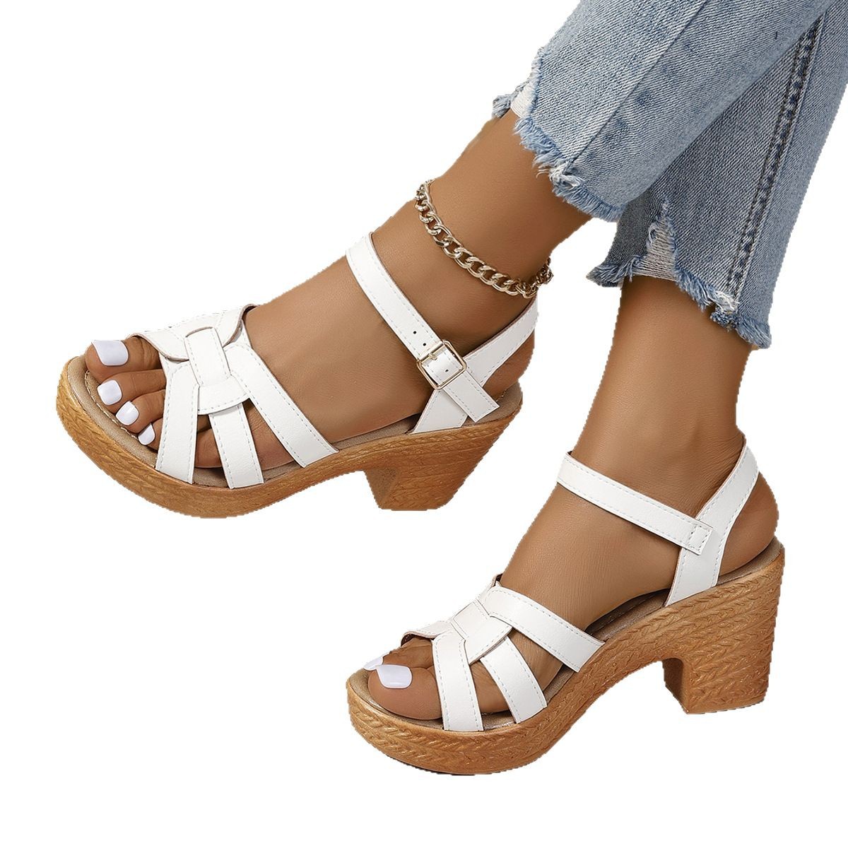 Plus Size Roman Women's Peep Toe Chunky Heel Buckle High Heel Sandals foto 4