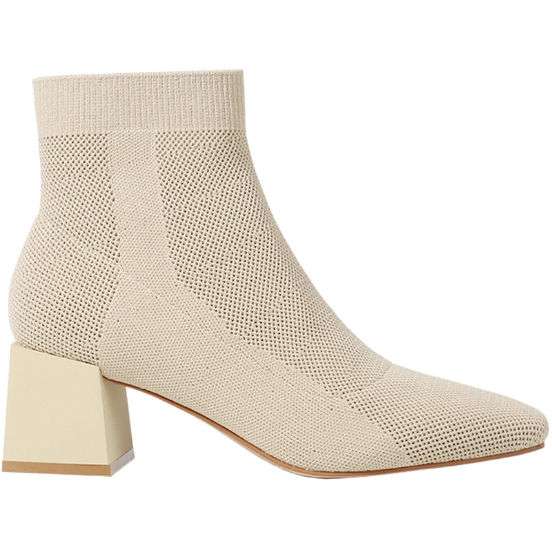 All-match Stretch Knitted High Heel Solid Color Chunky Heel Square Toe Booties Women foto 5