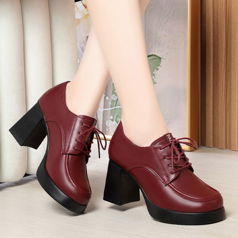 New Spring Autumn Lace-Up Deep-V Shallow-Shoe Soft Leather Chunky Heel Platform Elegant High Heels For Women foto 2