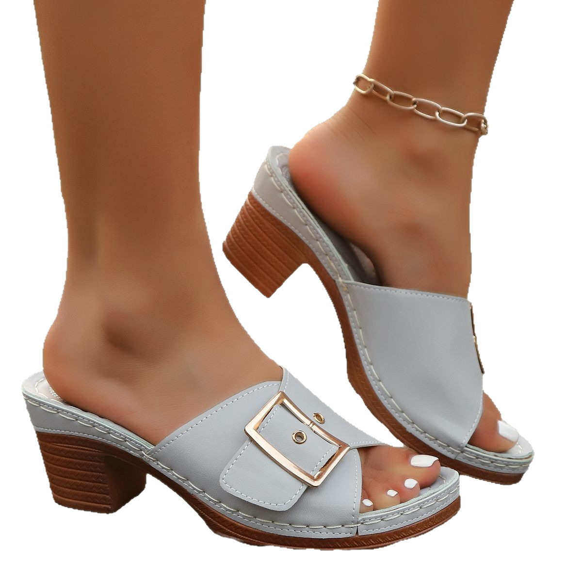 Foreign Trade Women's Shoes Summer New Chunky Heel Buckle Metal Buckle Slippers With Beach Slippers foto 4