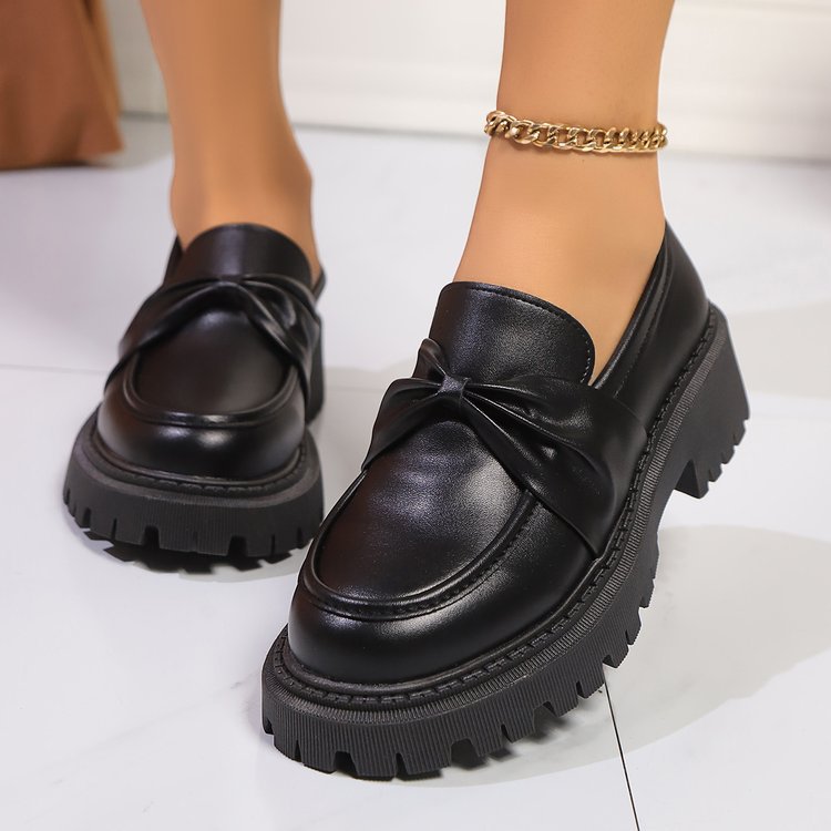 Retro Round-toe Chunky-soled Black Leather Shoes foto 3