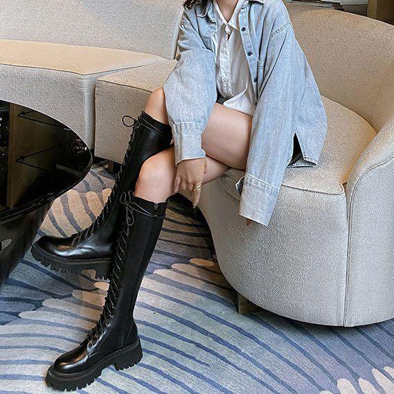 Women's Black Below The Knee Thickened Martin Boots foto 5