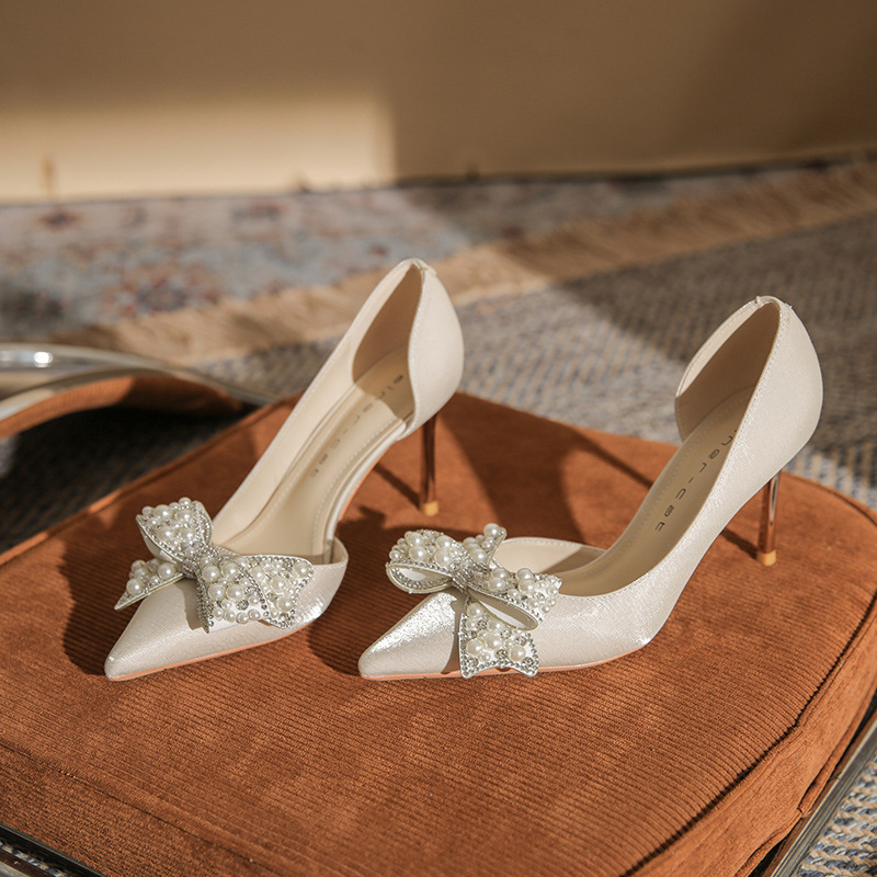 Women's Stiletto Heel Pointed Toe Side Empty Rhinestone Bow Pumps foto 5