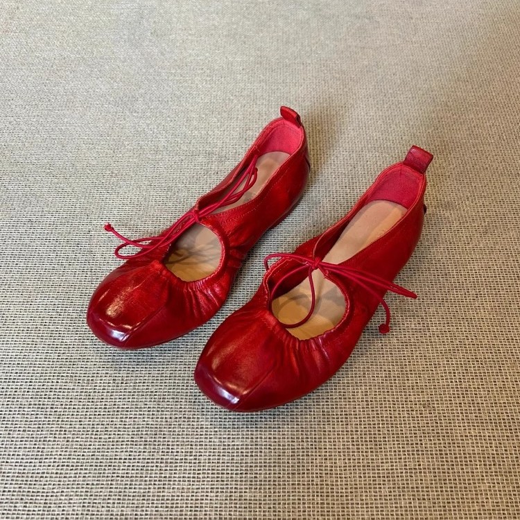 Wrinkled Strappy Ballet Flats Round Toe Low Heel Mary Jane Flat Shoes foto 3