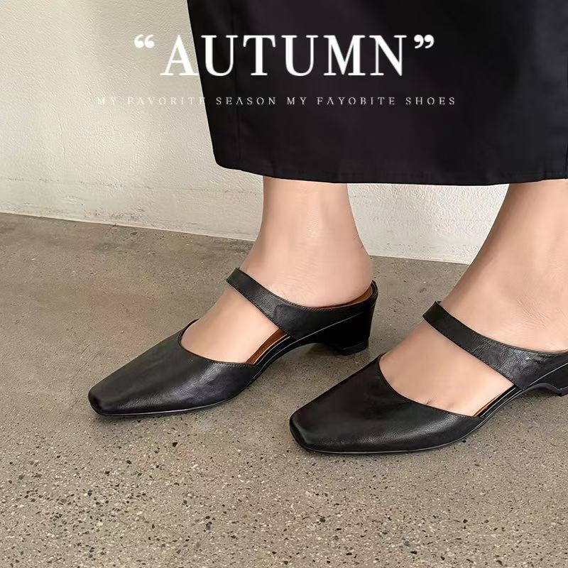 Women's Handmade Washed Leather Mary Jane Mules, Square Toe Mid Heel Slip-On Slides With Pigskin Lining foto 2