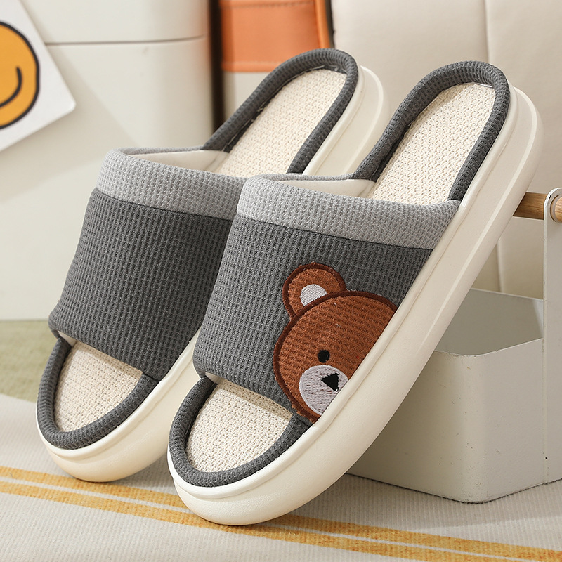 Cute Cartoon Bear Linen Slippers For Women Indoor Non-slip Sweat-absorbent Breathable Slip On Floor Bedroom Slipper House Shoes foto 3