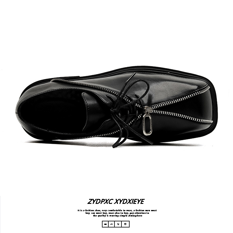 Thick Bottom Square Toe Men's Trendy Unique Punk Zipper Design Trendy Black Business Leather Shoes foto 5