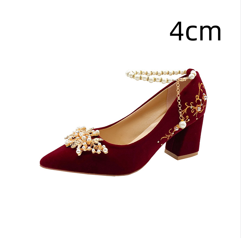 Wine Red Pointed Toe Chunky Heel Wedding Shoes For Women foto 2