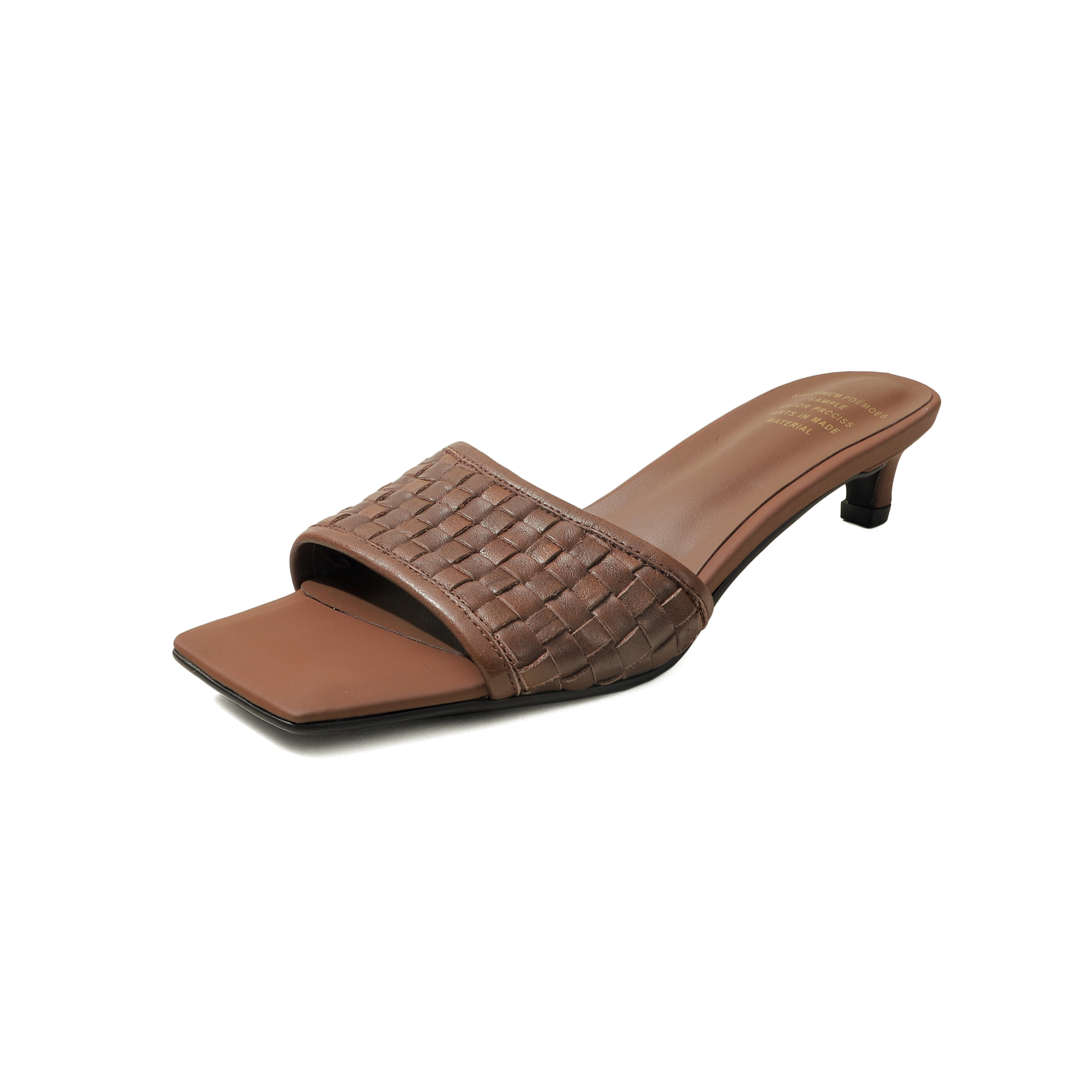 Women's Handmade Full-Grain Leather Woven Kitten Heel Slides, Square Toe Sheepskin Lined Mule Sandals