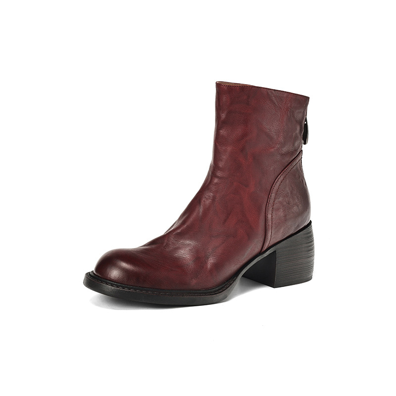 French-Style Retro Brown Round-Toe Ankle Boots foto 5