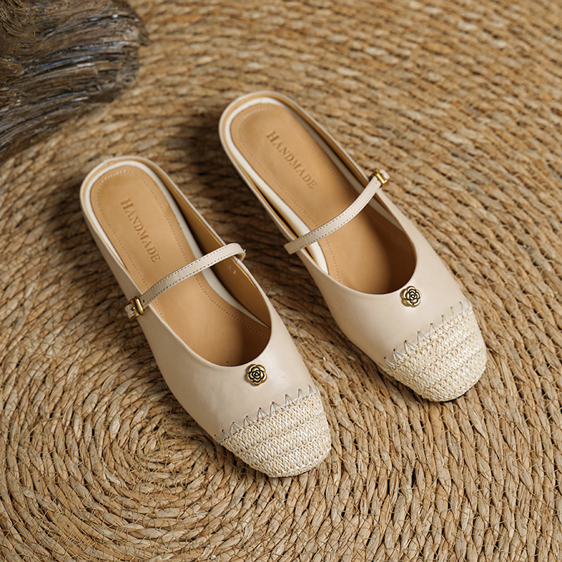 Women's Handmade Full-Grain Leather Mary Jane Mules, Square-Toe Espadrille-Style Slide Sandals foto 3