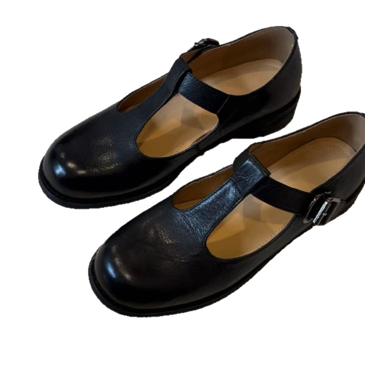 Round-toe Mid-heel T-strap Chunky-heeled Mary Jane Leather Shoes foto 4