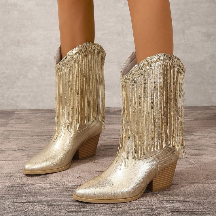 European And American Fashion Middle Fashion Boots Female Retro Chunky Heel Pleated Western Knight foto 5