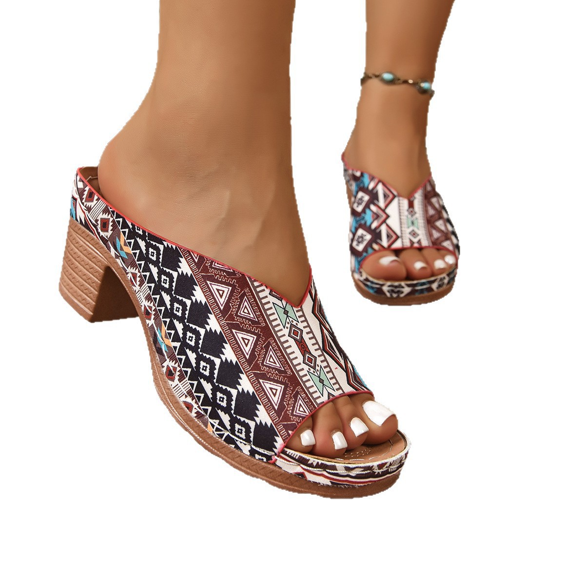 Women's Casual Floral Block-Heel Peep-Toe Slide Sandals foto 3
