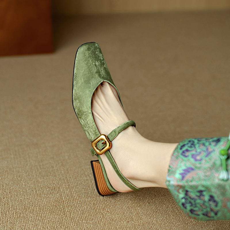 Retro Square Toe Chunky Heel Low-cut New Chinese Style Closed Toe Sandals foto 4