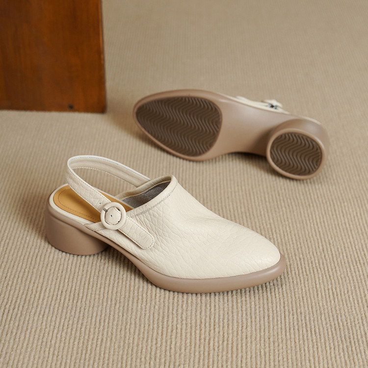 Women's Closed Toe Platform Genuine Leather Sandals, Round Toe, Chunky Heel, Single Buckle Strap, Open Back Roman Style, First-Layer Lambskin Shoes foto 5