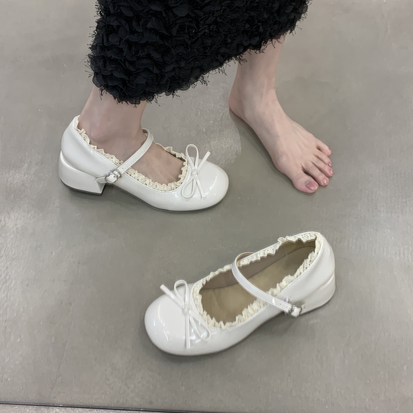 Womens French Lace Bow Mary Jane Shoes foto 2