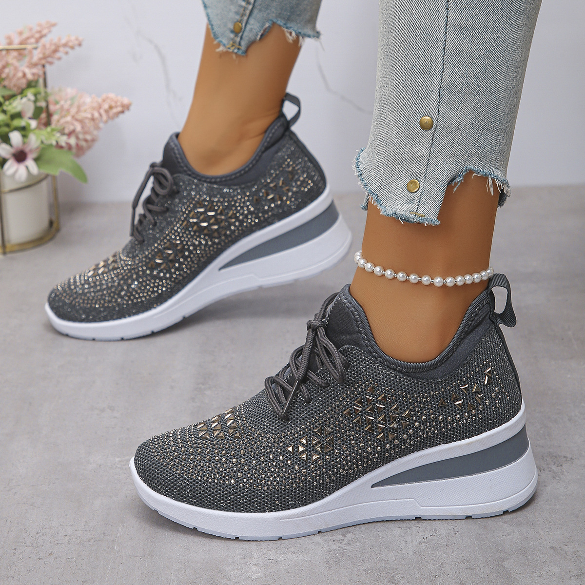 Ins Rhinestone Sneakers Fashion Lace Up Wedges Casual Shoes Women's Daily Commuting Sports Shoes foto 5