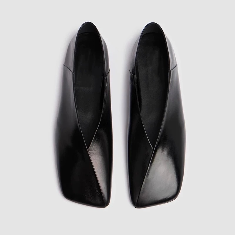 Womens Niche French-Style Genuine Leather V-Neck Square-Toe Flat Shoes foto 5