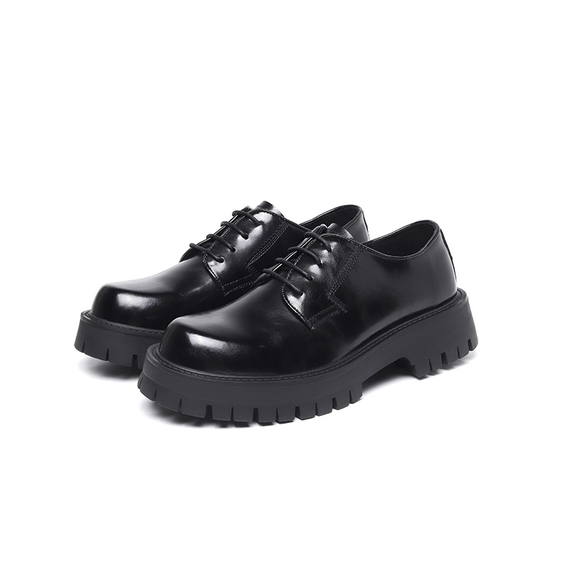 Black Leather Shoes Thick Bottom Elevator Wild Chunky Heel Lace-up foto 2