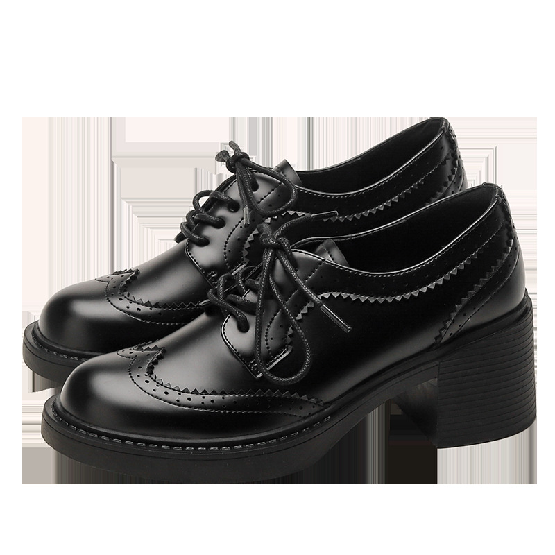Women's Autumn New Carved Lace-up Round Head British Black Chunky Heel Shoes foto 4