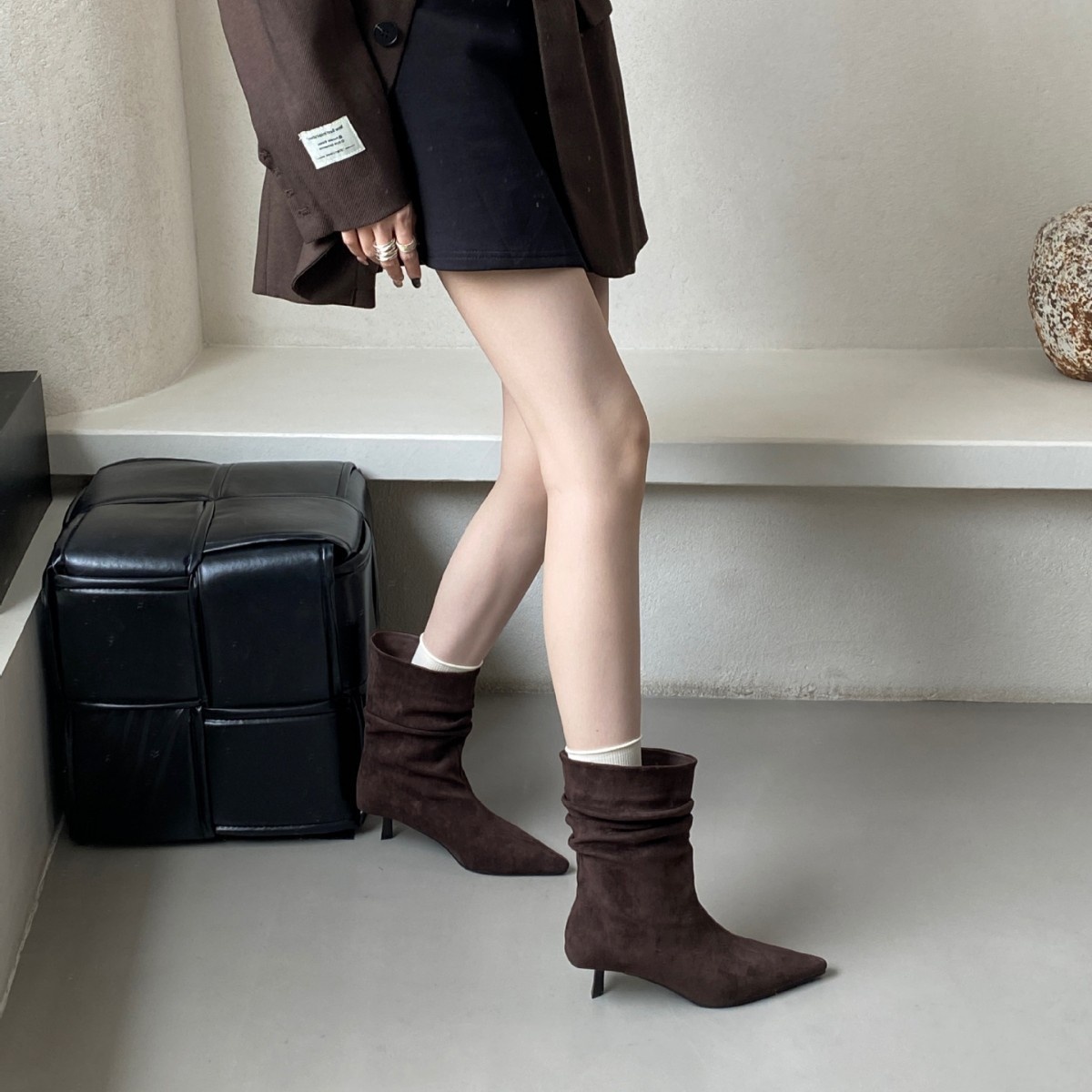 Women's Autumn Winter Pointed Toe High Heel Slimming Mid-Calf Boots foto 5