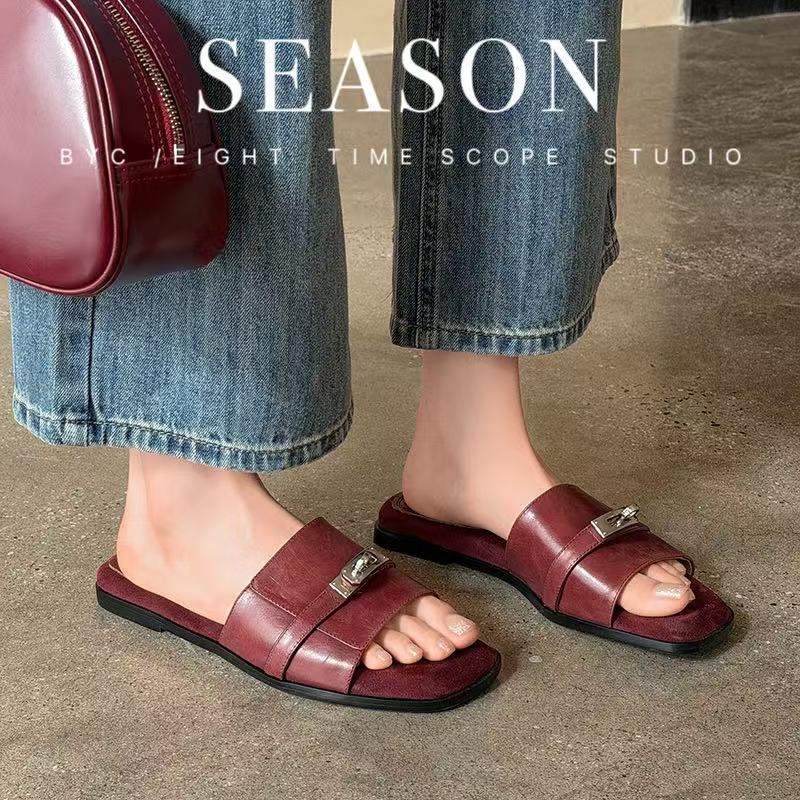 Women's Handmade Full-Grain Leather Slide Sandals, Metal Buckle Open-Toe Flat Slippers foto 5