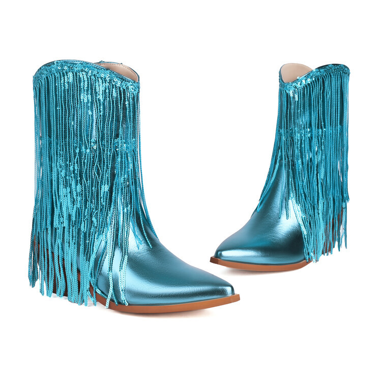 Sexy Sequin Tassel Pointed-Toe Chunky-Heel Ankle Boots For Women foto 3