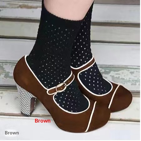 Womens Retro Round-Toe Low-Heel Pumps With Ankle Strap Buckle foto 4
