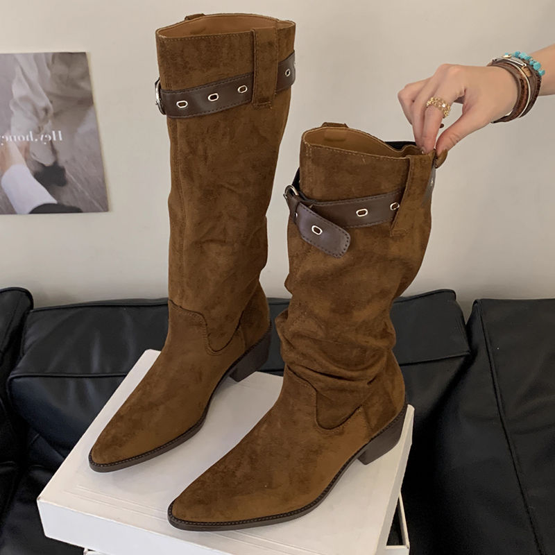 Western Cowboy Mid-calf Thick Heel Pointed Toe High Fold Stack Boots foto 5
