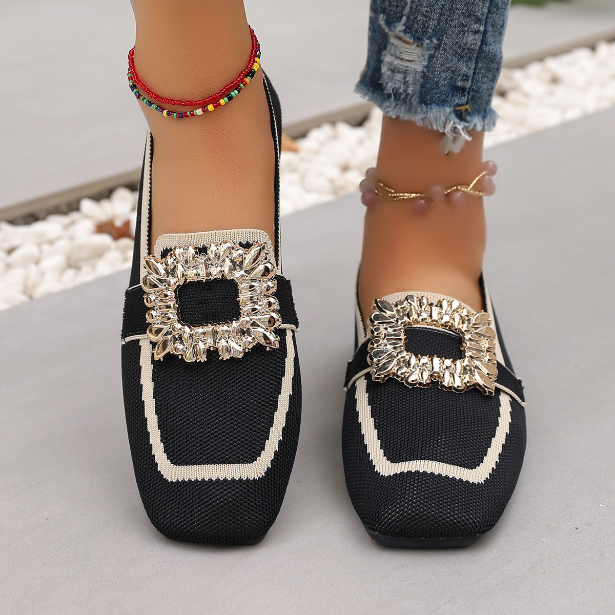 Flyknit Slip-on Square Toe Rhinestone Breathable Plus Size Women's Flat Shoes foto 5