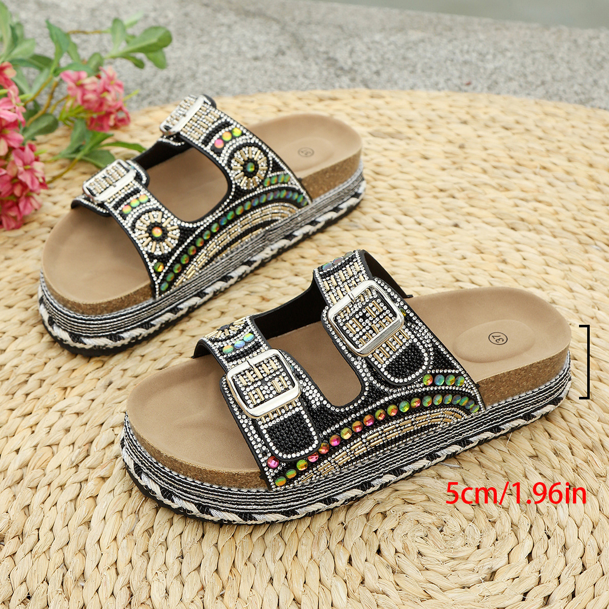 Sky-blue Jute Rope Cross-border Beach Slippers Plus-size Womens Shoes
