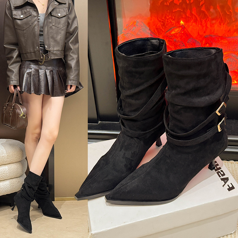Fashionable And Versatile Pointed Toe Stiletto Heel Suede French Slim Ankle Boots foto 4