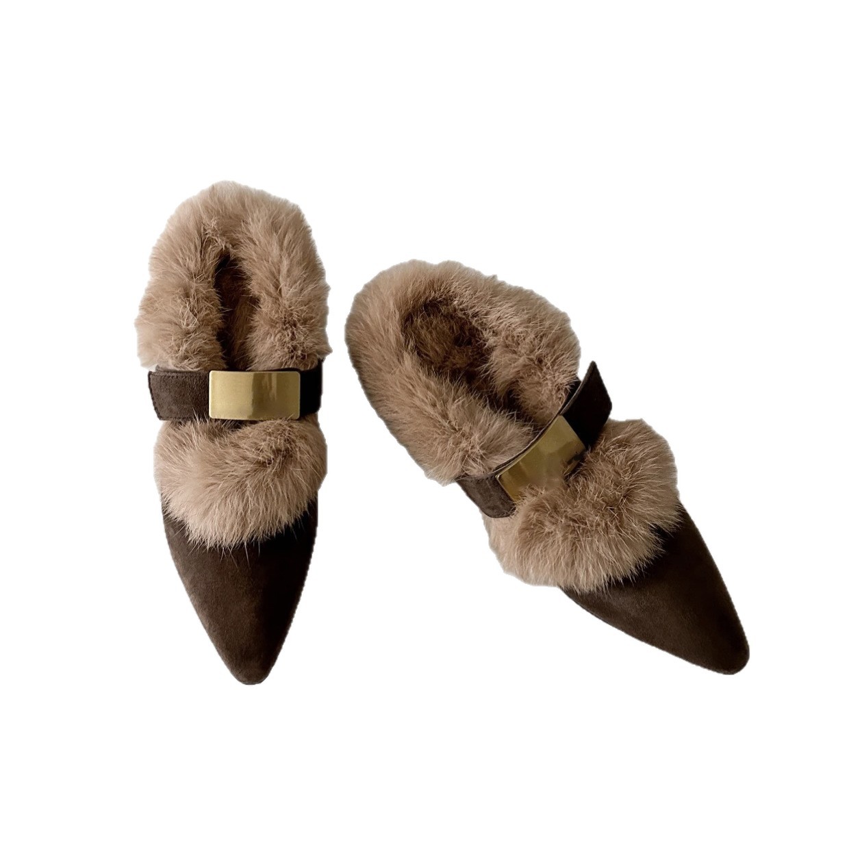 Retro Leather Slingback Plush Shoes Casual Outdoor Flat Furry Shoes foto 2