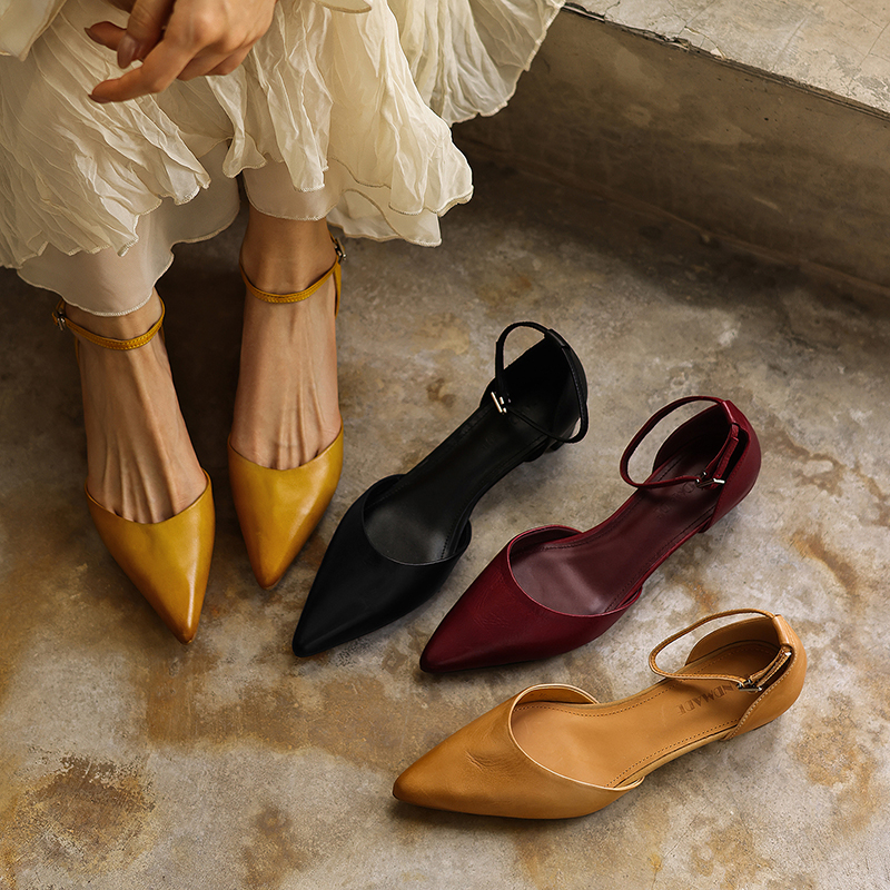 Women's Handmade Washed Leather Ankle Strap Pumps, Genuine Full-Grain Leather Pointed Toe Low Block Heel Sandals foto 2