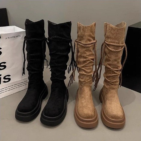 Retro Fashion Versatile Fringe Stacked Boots Women foto 4