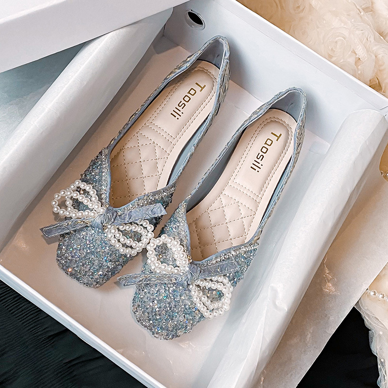 New Square Toe Flats Classic Style Rhinestone Pearl Shoes foto 2