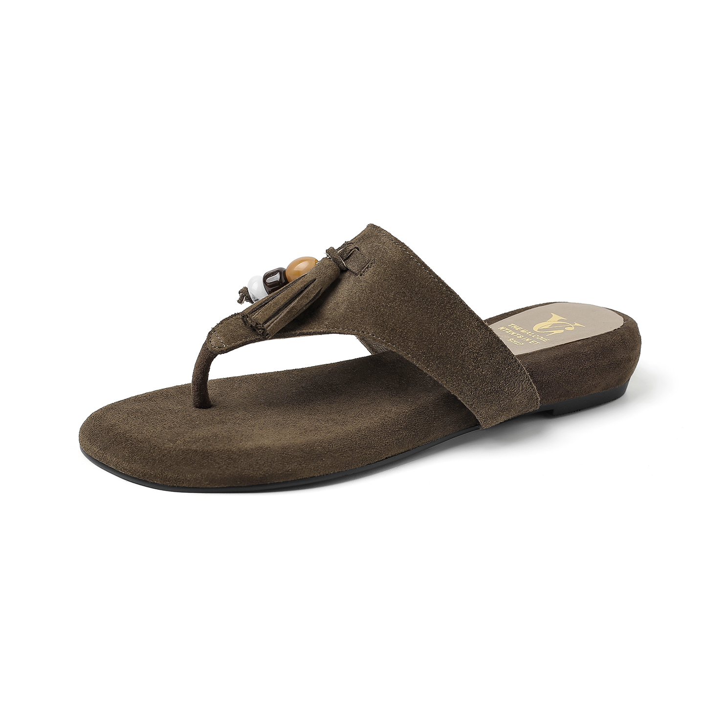 Women's Handmade Suede Beaded Tassel Thong Sandals, Open-Toe Bohemian Flat Slides With Sheepskin Lining foto 5